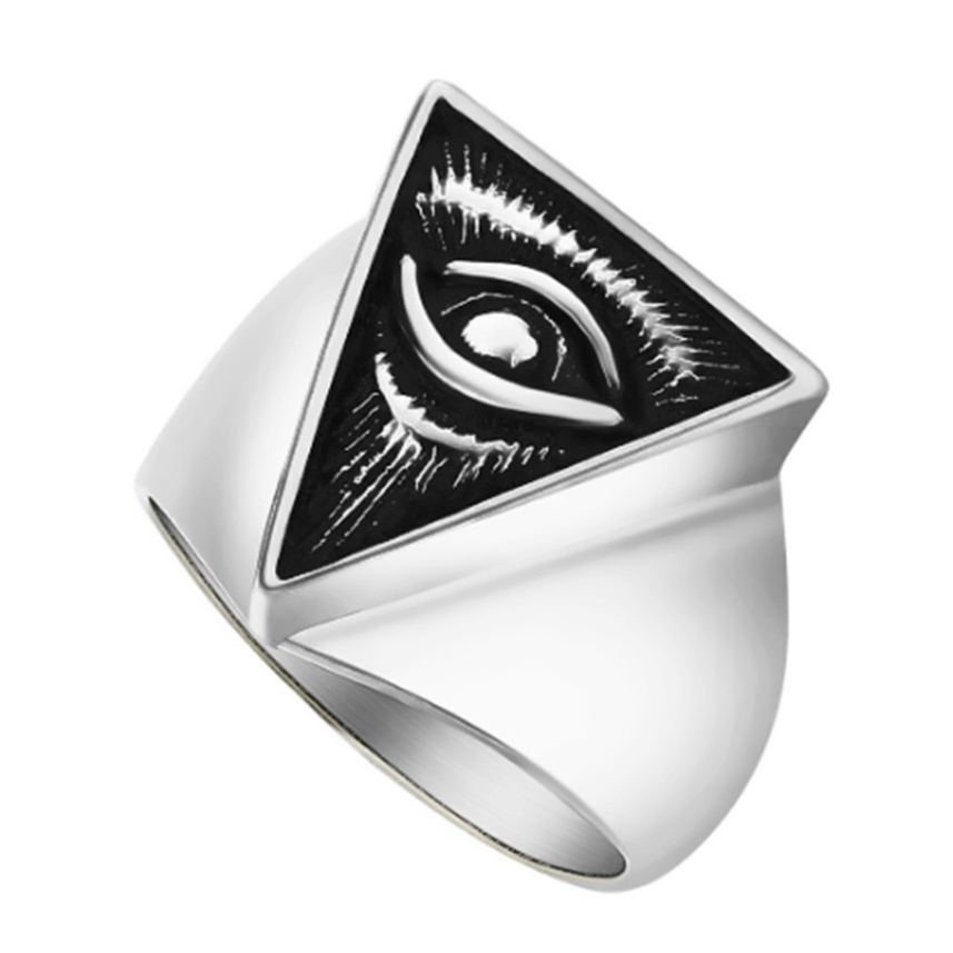 Cincin Desain Mata Horus Pyramid Illuminati Mesir Warna Silver Bahan Stainless Steel Untuk Pria