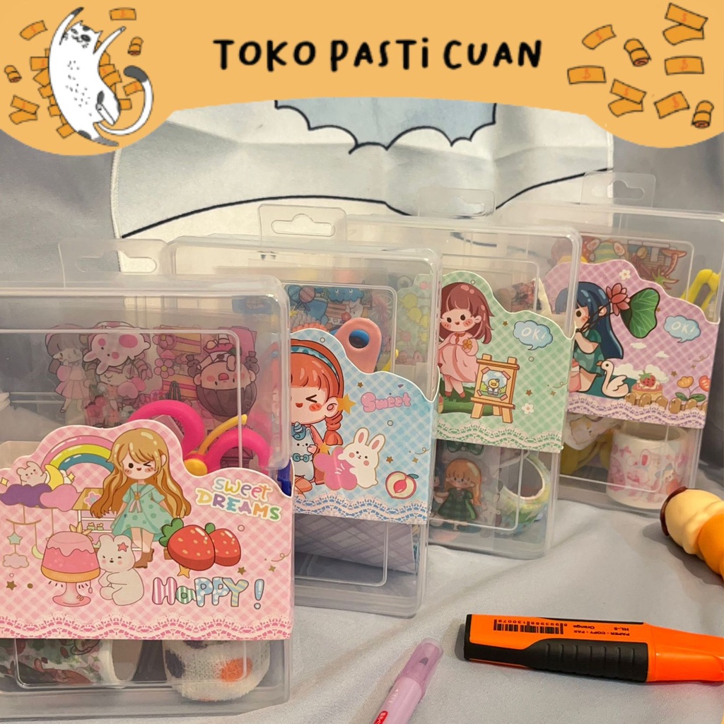 

paket sticker besar karakter cewe senmu dengan hardbox solatip lucu imut lakban keren elegan fancy atk imut bisa COD termurah import