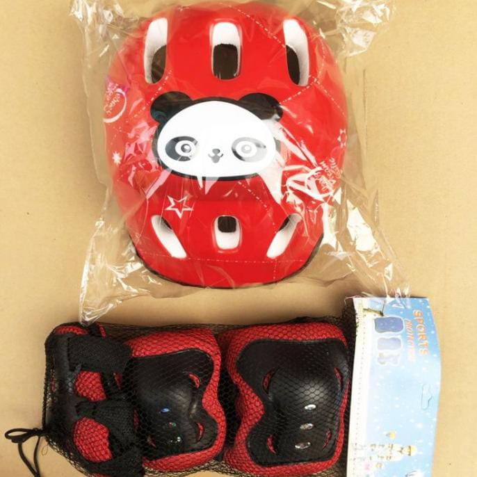 new   paket helm   deker anak gambar panda   paket safety helm dan deker anak motif panda lucu