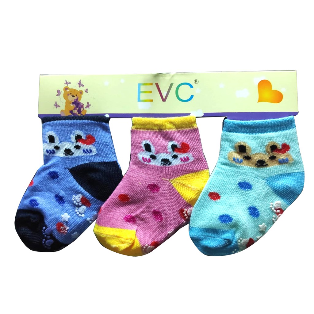 Kaos Kaki Bayi EVC 3pcs dengan Karet Anti Selip Baby Newborn