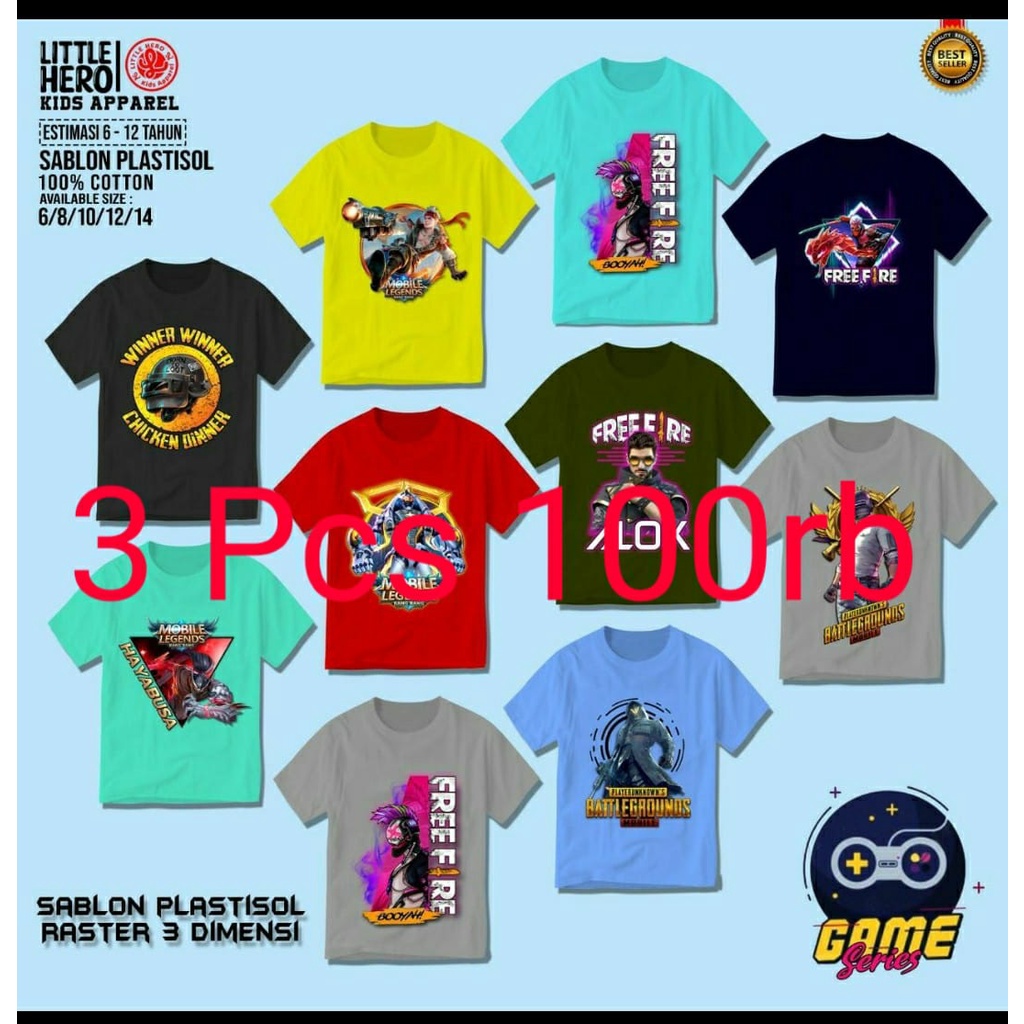 KAOS ANAK 3PCS 99RB LITTLE HERO GAMING SERIES BAHAN KATUN SABLON PLATISOL RASTER 3 DIMENSI 6-12 TAHUN