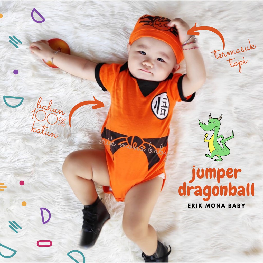 Ermon Baby - Baju Bayi Laki Laki Jumper Baby Lucu Karakter motif Dragonball + Topi usia 0 - 12 Bulan