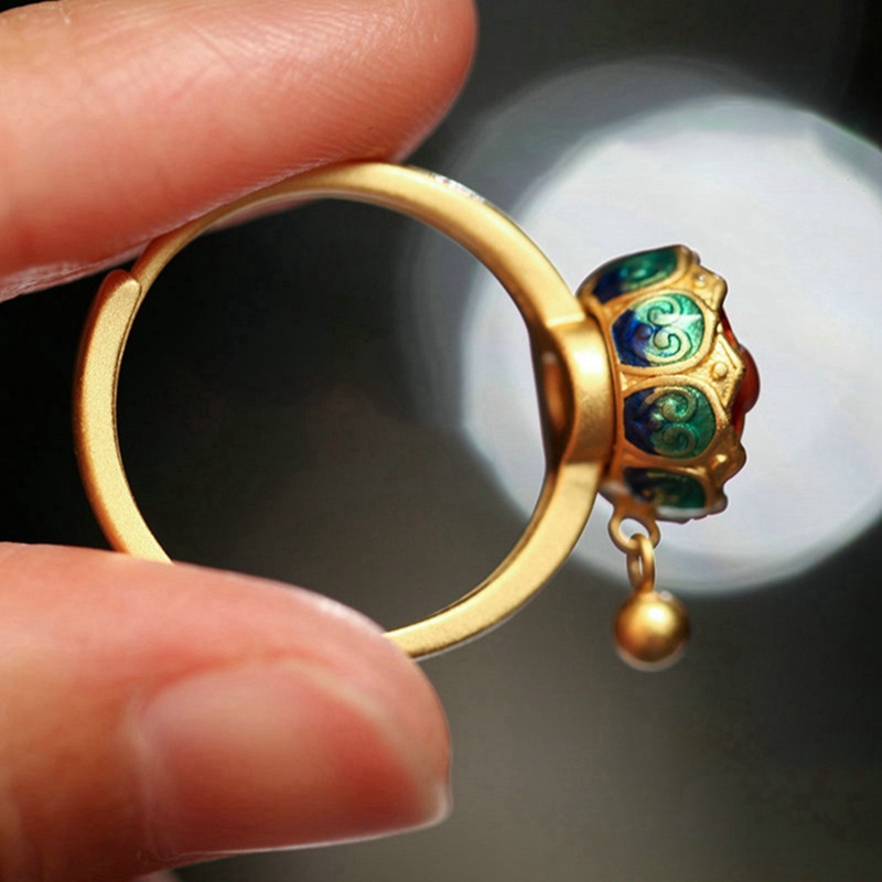 Cincin S925 Pure Silver Model Bunga Teratai Cloisonne Gaya Retro Untuk Wanita