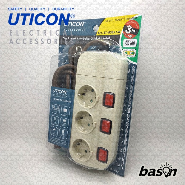 UTICON ST8382SW + 3 Lubang + Kabel 3 Meter - Stop Kontak + Saklar Individual