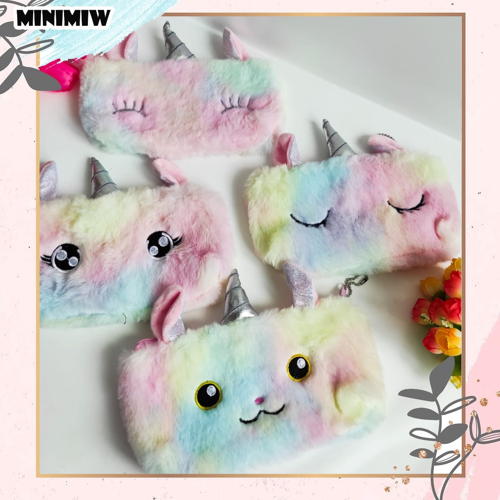 KOTAK PENSIL UNICORN KAIN BULU MATA WAJAH MUKA TEMPAT ALAT TULIS UNIK IMUT MURAH WARNA KARAKTER  COD