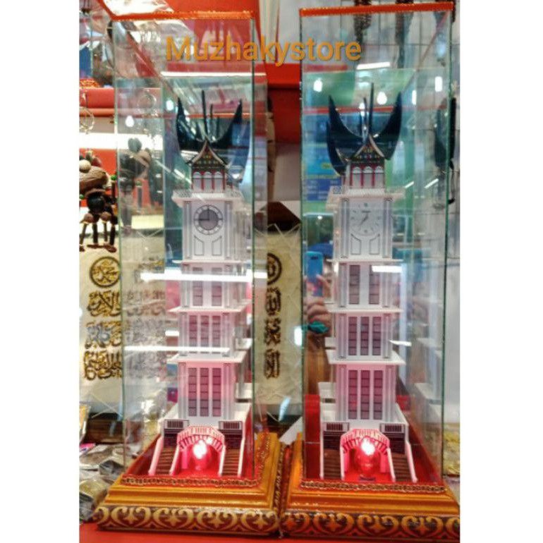 Miniatur jam gadang Bukittinggi ukuran 25 CM Bahan akrilik Bingkai kaca Souvenir Pajangan