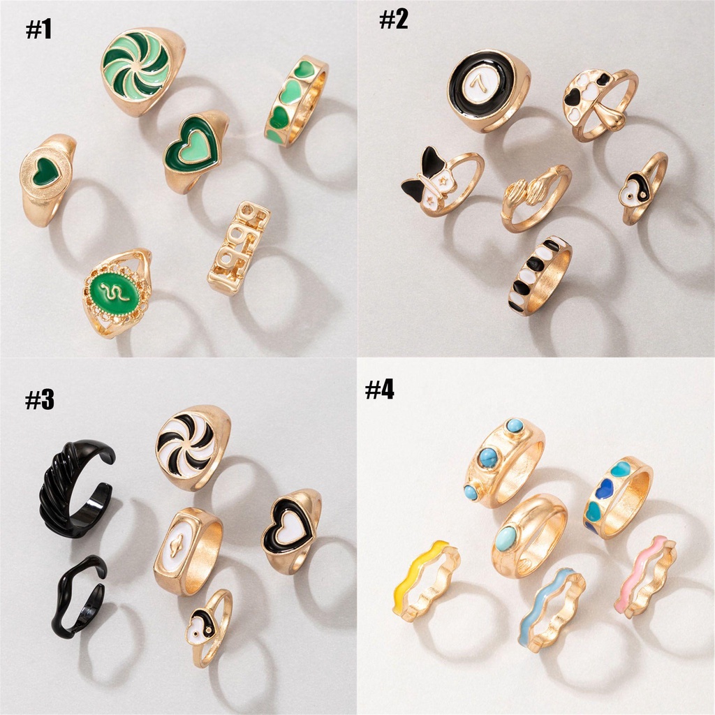 Nanas 6 Pcs Pembukaan Cincin Logam Pernikahan Pertunangan Fashion Wanita Bunga Cinta Hati Tai Chi Vintage Enamel Ring