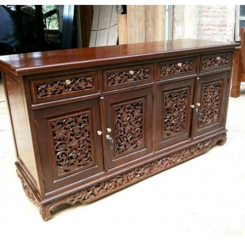 BUFET PALEMBANG 150 CM FURNITURE JATI | LEMARI BUFET PALEMBANG KAYU JATI | BUFET PALEMBANG UKIRAN FU