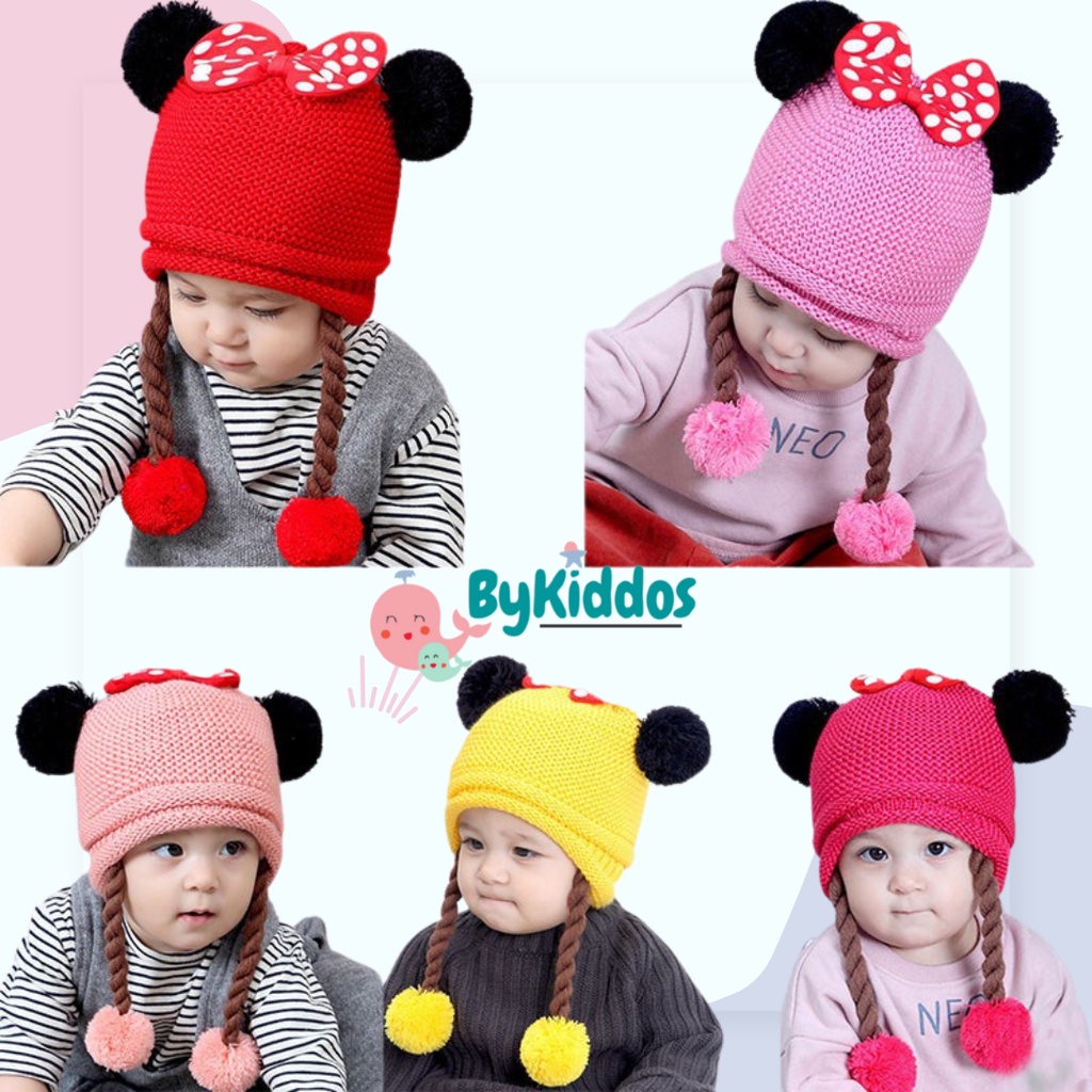 Bykiddos - Topi Kupluk Rajut Bayi Pom Pom Kepang Minie Motif Pita Tengah