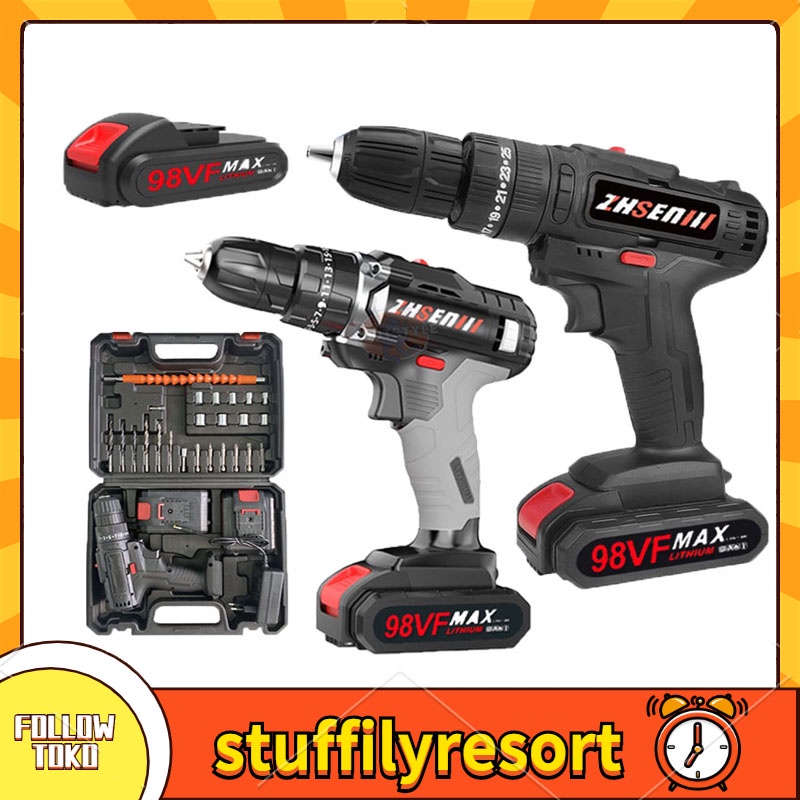 COD/Bor Baterai / Bor dampak / Mesin Bor Cordless / Bor Listrik / Beton Besi Kayu Full 98Vf Set Pilihan Bor Tanpa Kabel /Bor Tanpa kabel /Set Lengkap Mata Bor Cordless Drill Full Set Of Drill Bits Popular Model