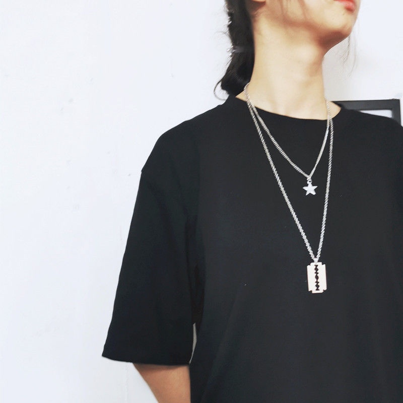 Kalung Choker Liontin Pisau Cukur Geometris Bahan Stainless Steel Gaya Punk Hip-Hop Untuk Pria