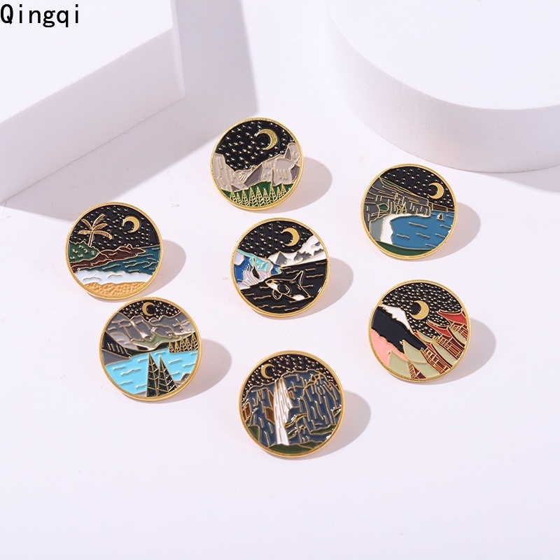 Outdoors Bros Pin Enamel Desain Pemandangan Gunung / Sungai / Bulan Untuk Aksesoris Pakaian Wanita