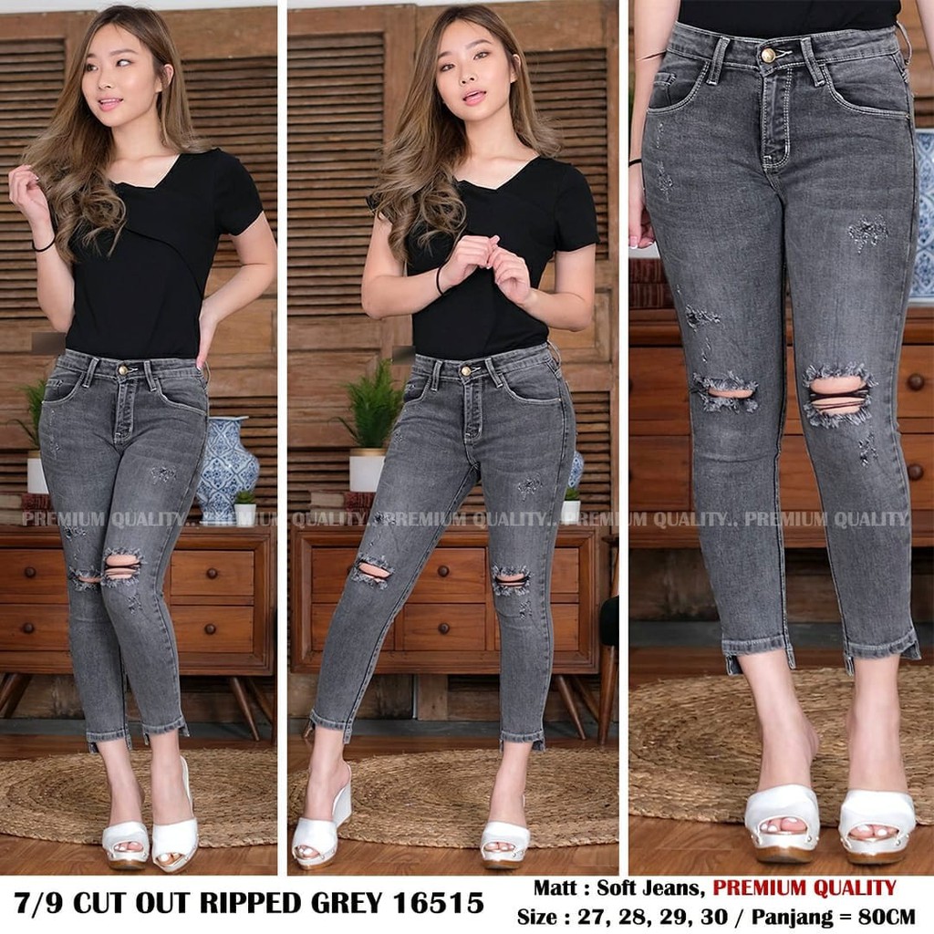 lB  CELANA JEANS MURAH IMPORT/7PER9 CUT OUT RIPPED GREY 16515