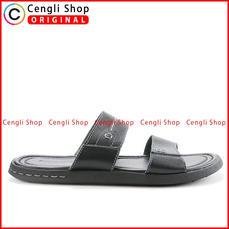 SANDAL SLIDE KULIT ANDRE VALENTINO PRIA ORIGINAL CASUAL HITAM AVM18