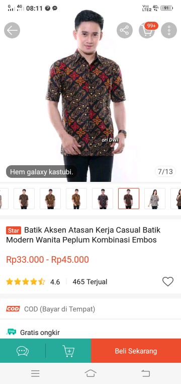 Batik Aksen Atasan Kerja Casual Batik Modern Wanita Peplum Kombinasi Embos Tanpa Lengan Panjang Solo