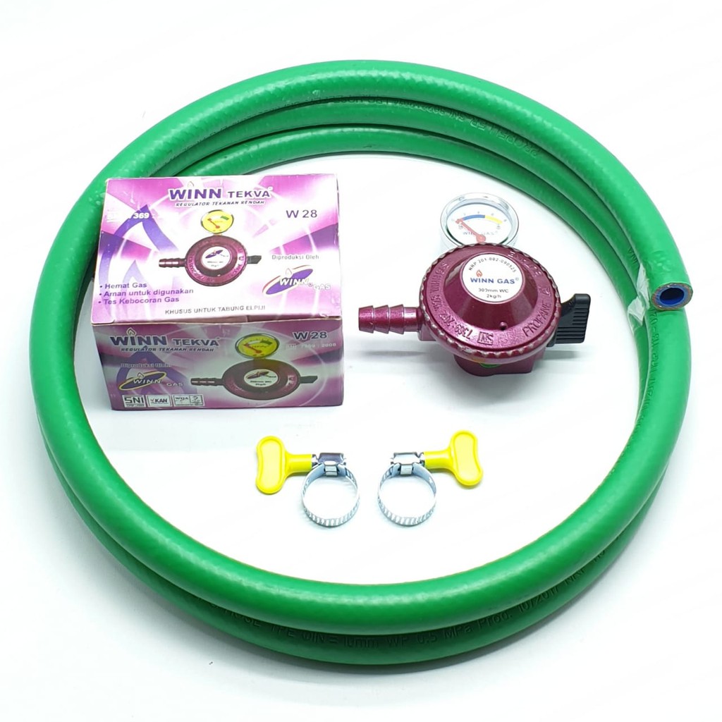 SET Winn Gas W-28M Meter + Selang HIJAU 5 Lapis 2 Mtr + 2 Klem Kuping / Regulator Gas + Selang Gas