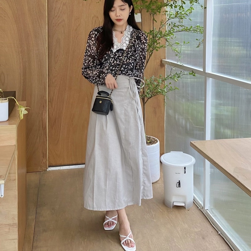 KANON - Mutsuki Skirt - Rok midi karet aksen tali korean look