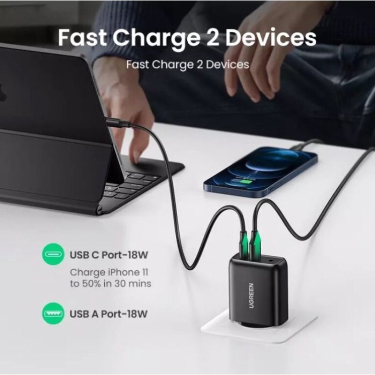 UGREEN Kepala Adaptor Adapter Dual Port Output PD Fast Charging 36W Samsung Oppo Vivo CD170