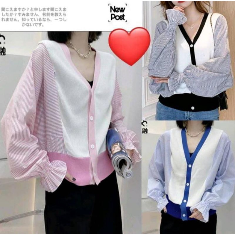 Blouse Wanita,Blouse Korea, ATASAN RAJUT KOMBINASI KATUN, ATASAN WANITA IMPORT, ATASAN KOREAN STYLE,