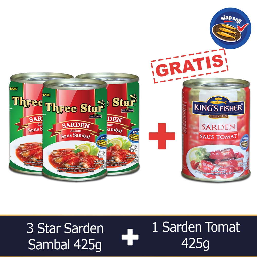 

King's Fisher Three Star Paket 4 pcs Sarden saus Sambal Tomat 425g Makanan Kaleng