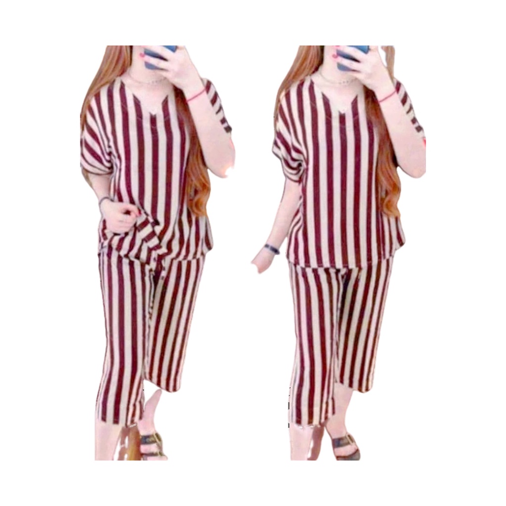 promo 3pcs 100rb / setelan andin terbaru / setcel andin / setelan baju celana motif salur jumbo