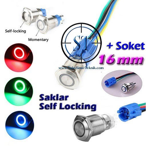 16mm Switch with Ring LED Saklar Metal Stainless Push Button Self Locking Plus  konektor Kabel Set Waterproof Mengunci On Off On