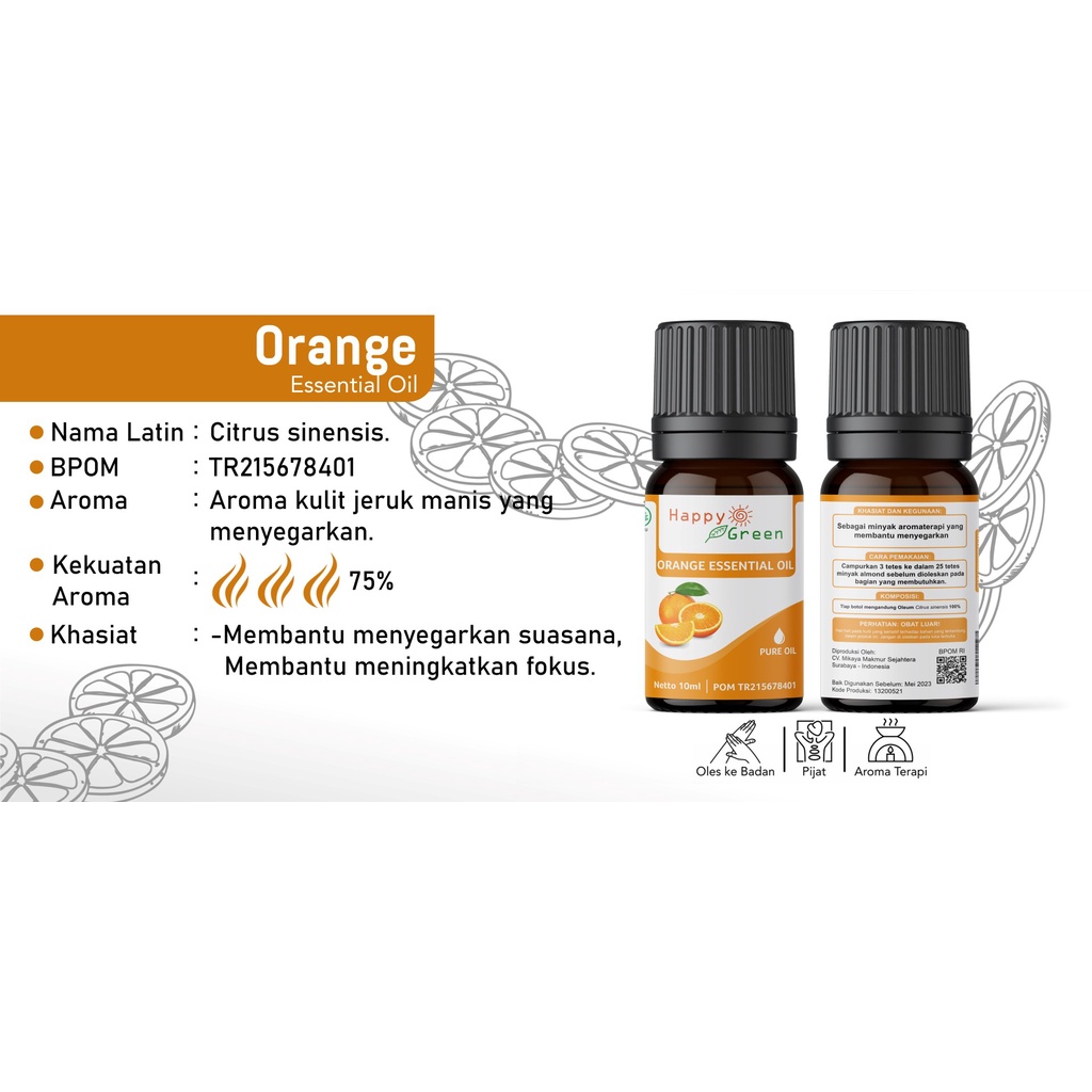 BPOM Happy Green Sweet Orange Essential Oil - Minyak Atsiri Jeruk Manis 100% Murni Garansi Uang Kembali