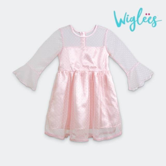 Baju Dress Wiglees Anak Perempuan Peach Silky / Gaun Pesta Lengan Panjang