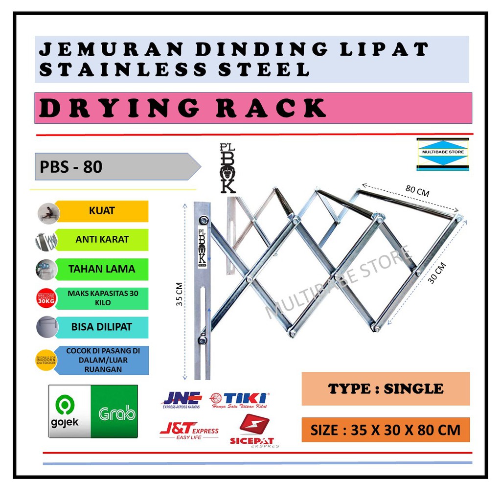 Jemuran Dinding Lipat Stainless Steel 3 Galang 80 Cm ( Pbs 80 ) - Plbok