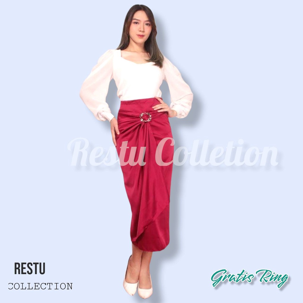 Restu Colletion - Rok Lilit Polos Wanita Bawahan Wanita  kebaya Wisuda Kondangan Tunik Kemeja Wanita Bahan Velvet Satin Premium Gratis Ring Hitam