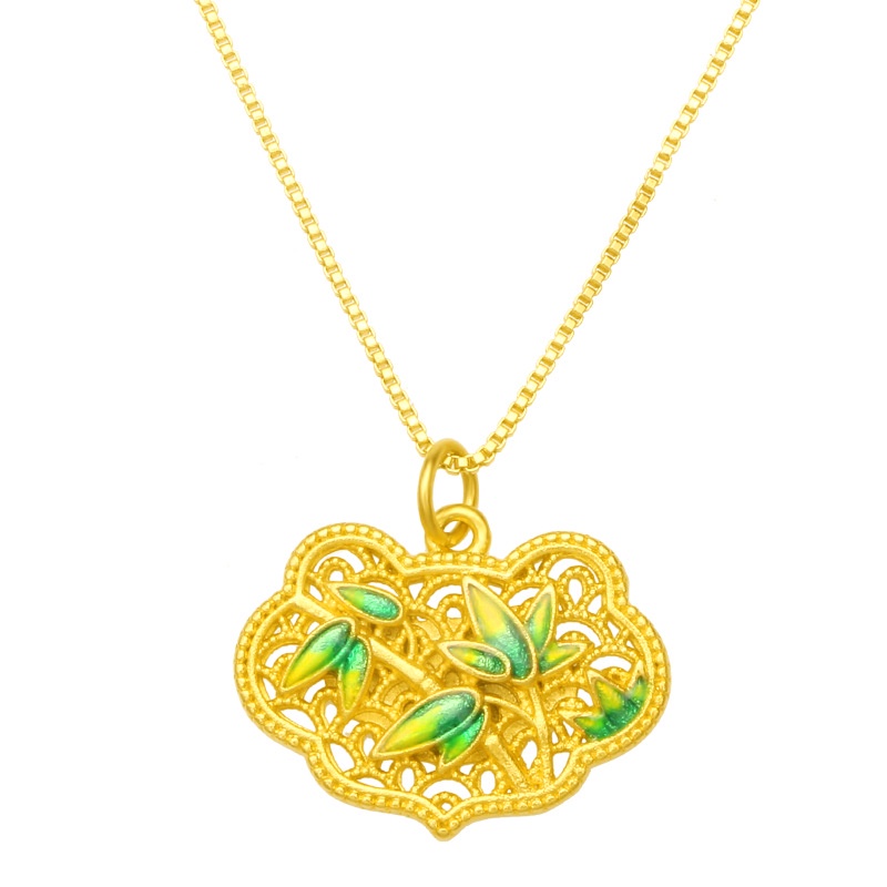 National Kalung Emas Asli Kadar 375 Dengan Liontin Daun Bambu Hollow Gaya Etnik Untuk Pria Dan Wanita