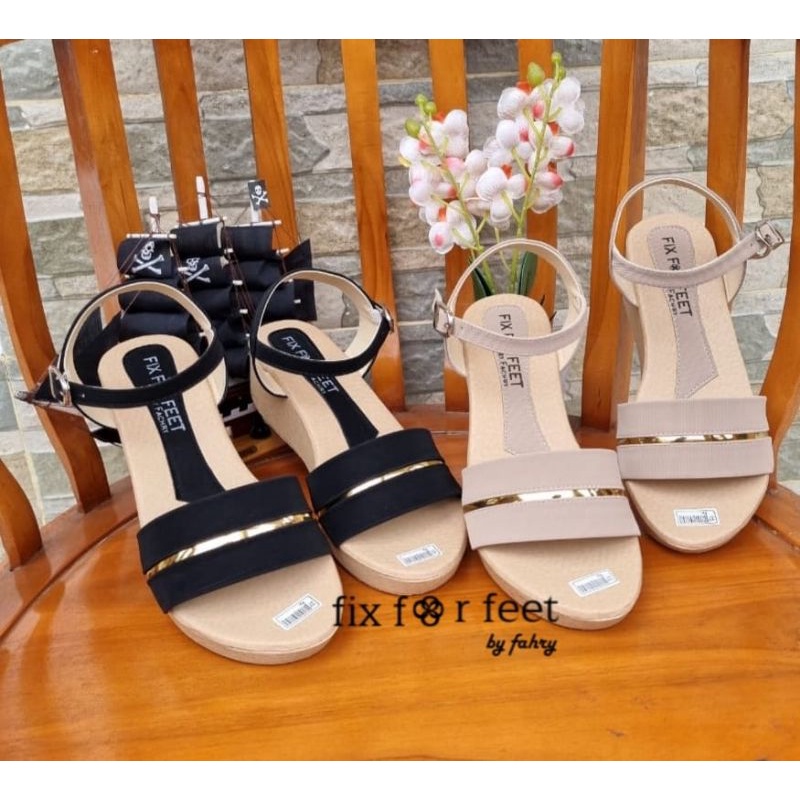 fahrie shoes sendal wanita wedges tali Lis gold fh-51