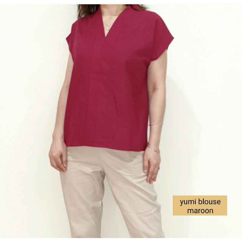 Blouse Atasan Wanita Lengan Pendek Katun Uniqlo, Yumi Blouse#-Yumi Blouse Maroon