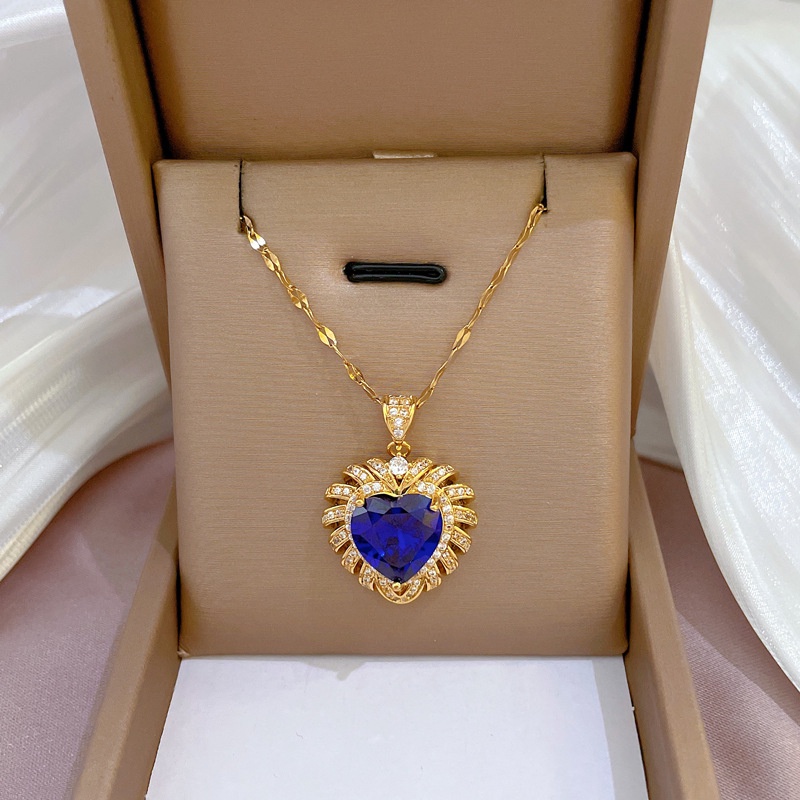 Kalung Rantai Lapis Emas 18K Dengan Liontin Hati Sapphire Mewah Untuk Wanita