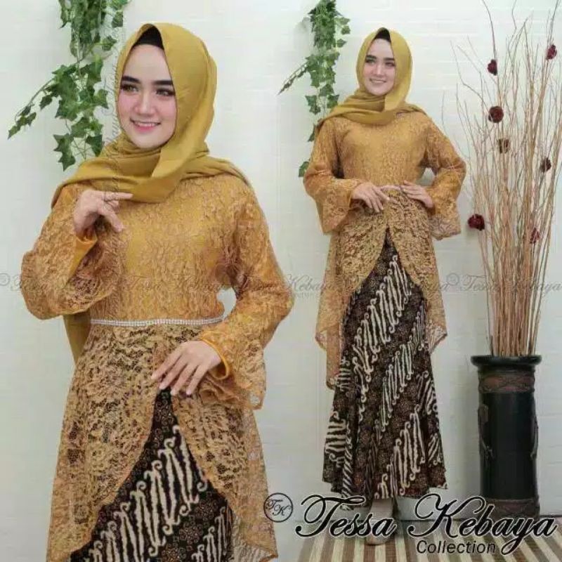 TERLARIS - SETELAN KEBAYA SYAHRINI BROKAT MODERN / KEBAYA TUNIK MODIS KEKINIAN / GOLD / NAVY-1