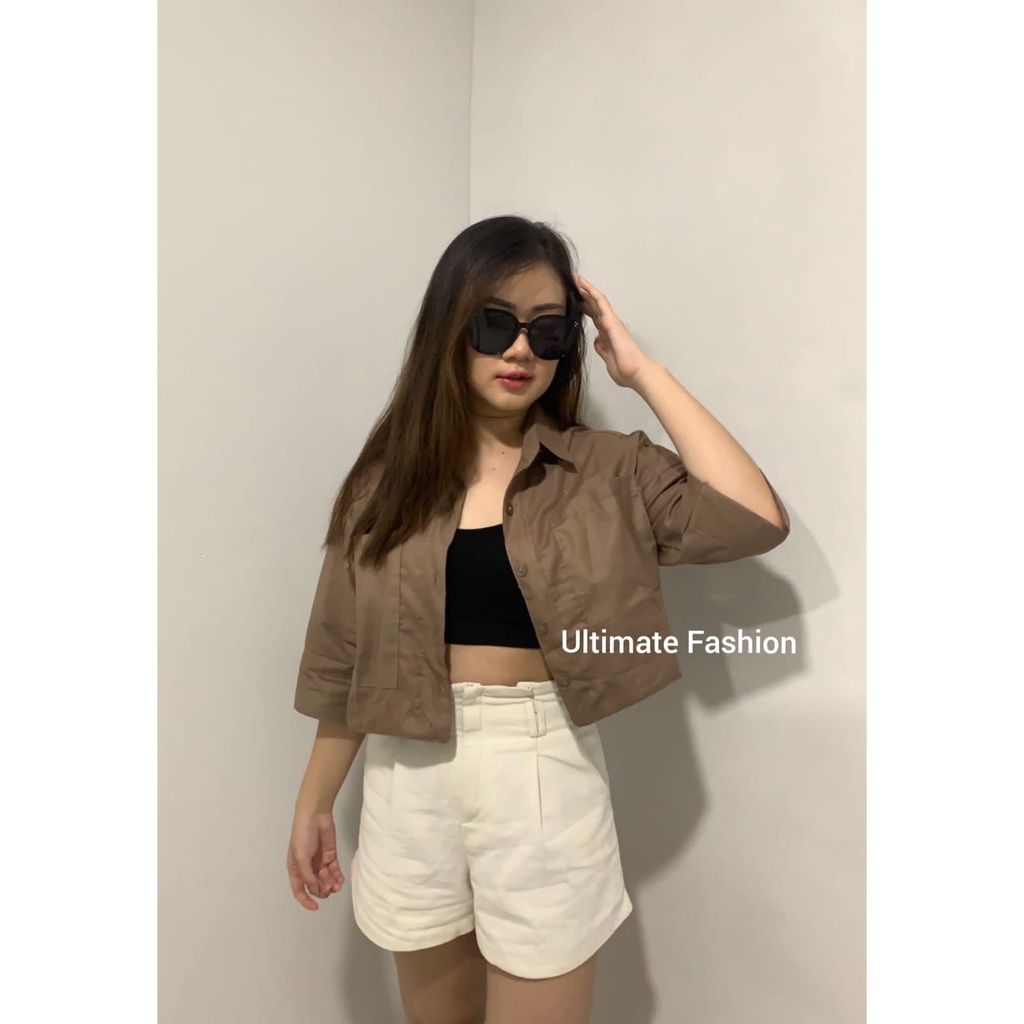 Atasan Kemeja Blouse Top Wanita Crop Linen  Premium Amanda Terbaru Kekinian