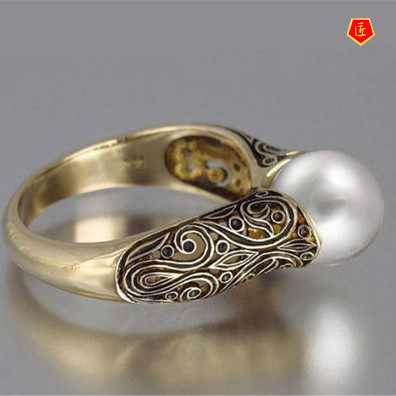 [Ready Stock]Inlaid Natural Freshwater Pearl Ring 14K Gold Retro Silver Accessories