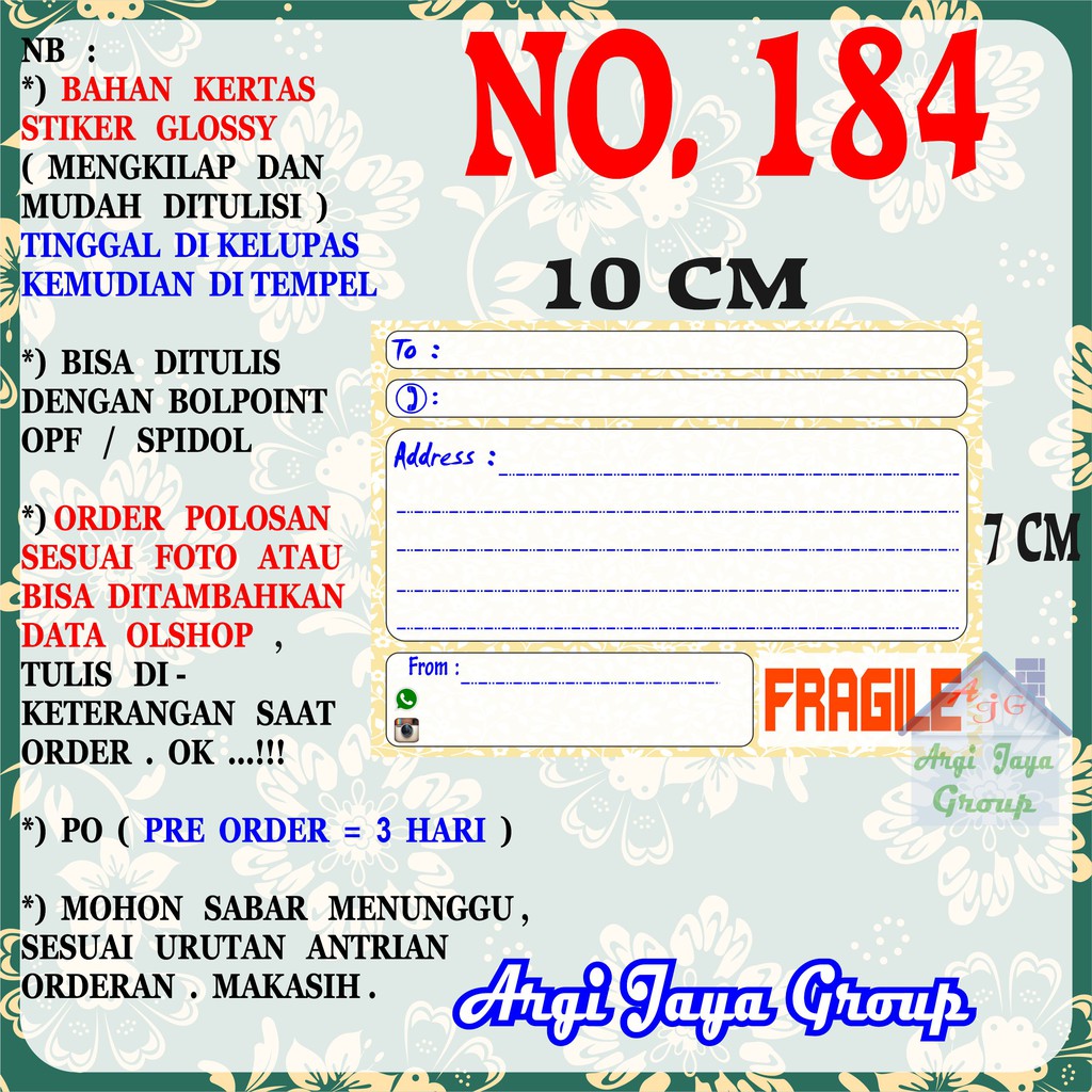 

Stiker Pengiriman - Sticker Alamat Olshop Murah Nomer 184 - 10x7 cm - Glossy