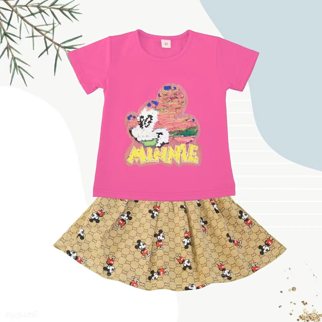 KF CAT Baju Anak Perempuan Setelan Motif Mickey Mouse + Rok Lucu Bahan Cotton Import Fashion Trendy-2