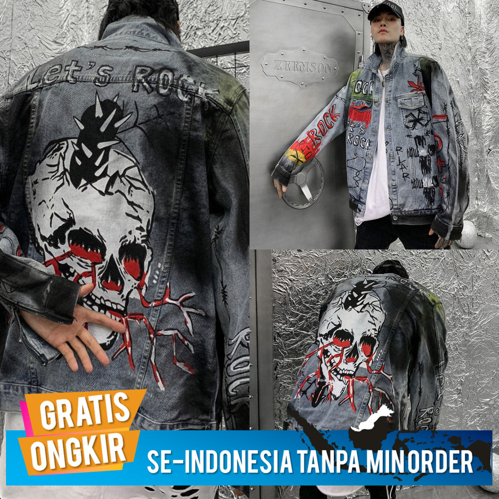 Punk jeans jaket tengkorak  jaket pria high street  pribadi