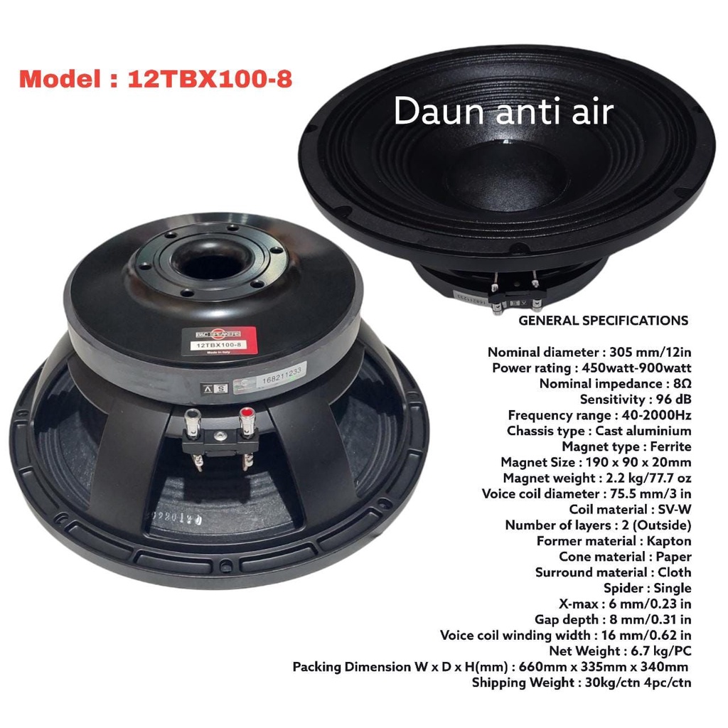 BNC 12TBX100 VC 3 Inch KOMPONEN SPEAKER 12 Inch B&C 12 TBX 100-8 / 12 TBX100 8