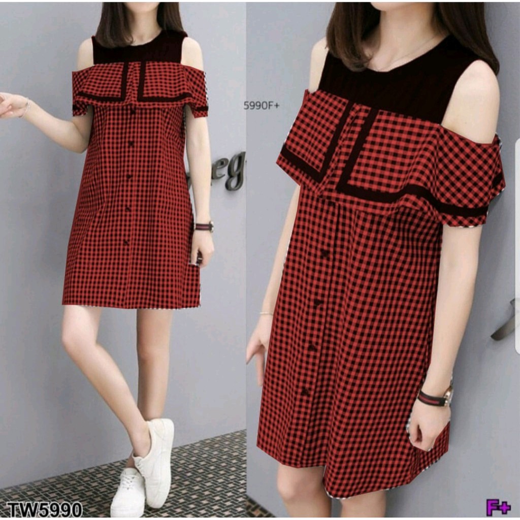 FWG - ISYANA KOTAK DRESS / DRESS KOTAK-KOTAK / DRESS WANITA / PAKAIAN WANITA DRESS / MINIDRES