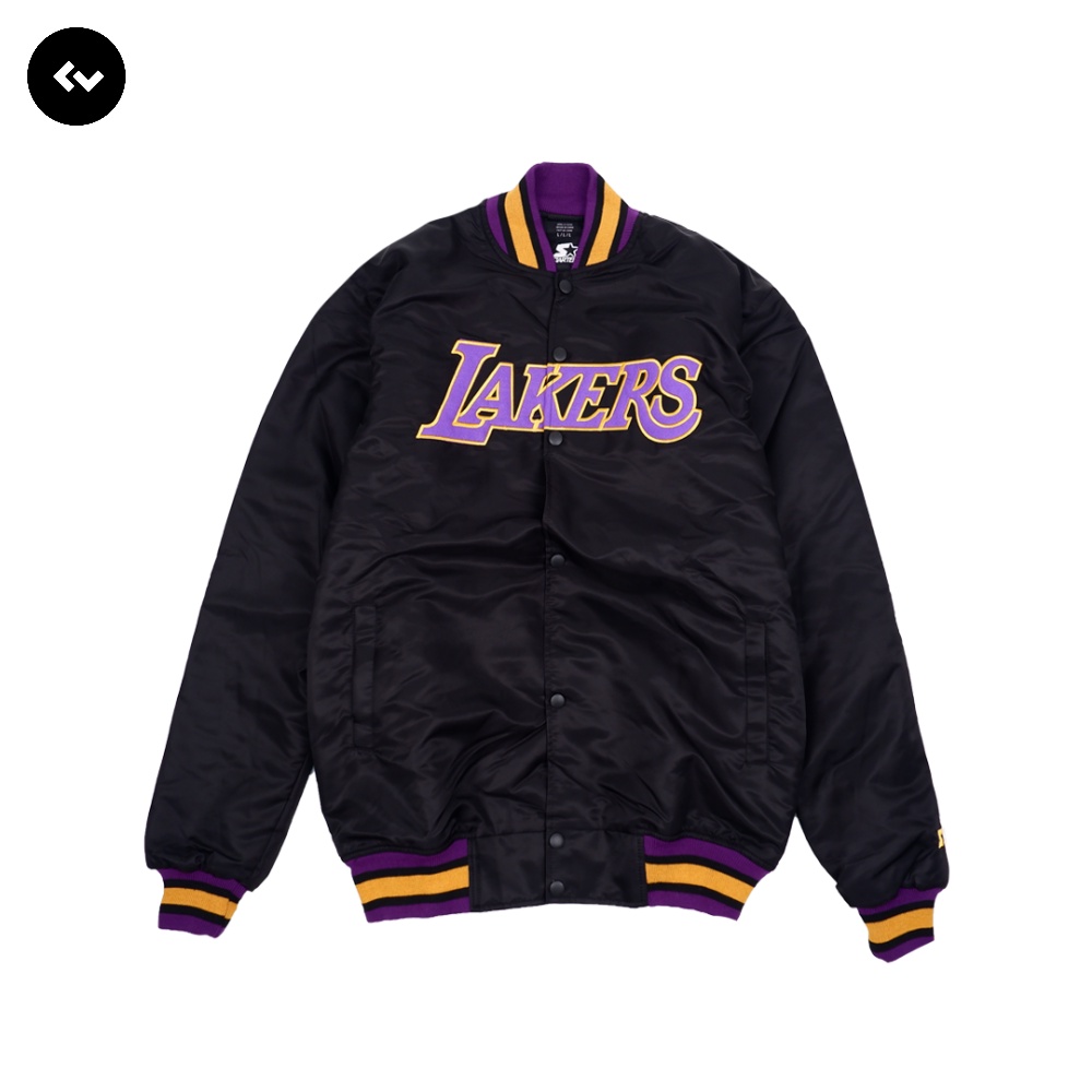 VARSITY JACKET LAKERS BLACK PURPLE FONT LOS ANGELES NBA BASKETBALL VINTAGE