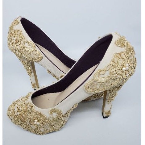 SLIGHT Platform Brukat krem display stock 39 Brokat Lace Wedding Shoes High Heels Payet | Sepatu pesta kondangan | Wedding shoes pengantin