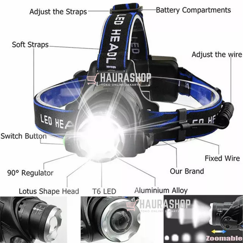 Senter Kepala LED Zoom Super Terang Headlamp LED Cree XML T6 568D Waterproof Anti Air