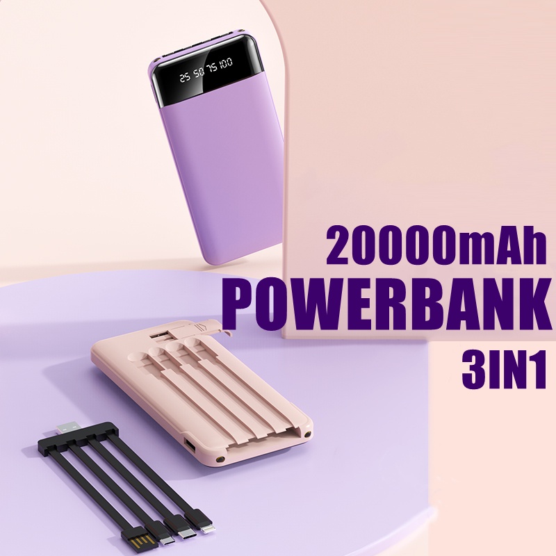 Power Bank 20000mAh Fast Charging with 4in1 Kabel Data Powerbank Real Capacity 5 Output 3 Input Type C LED Display