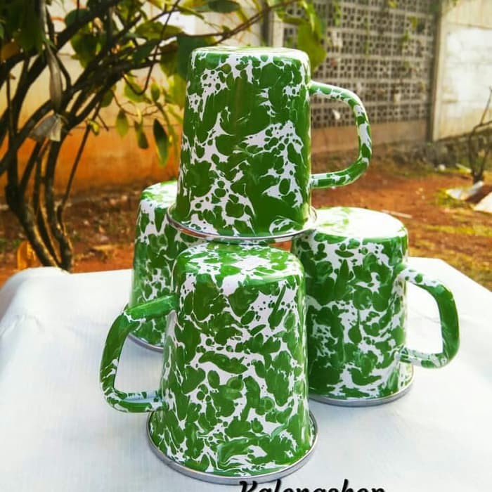 CANGKIR MUG GELAS ENAMEL SENG KALENG BLURIK LURIK BURIK LOREK LORENG BATIK HIJAU JADUL KUNO 9 CM