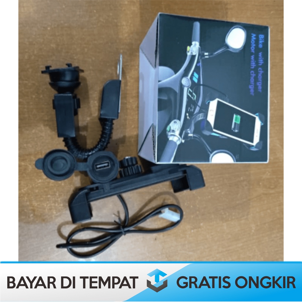 STANG HOLDER HANDPHONE MOTOR DILENGKAPI CHARGER USB GOJEK GRAB MURAH