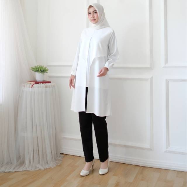 TUNIC ARISA WHITE M L XL Baju Atasan Wanita Muslim Terbaru Sesuai Gambar Kualitas oke Realpict Ori