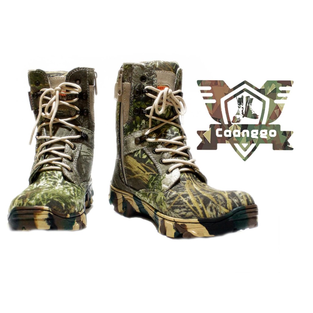 SEPATU SAFETY BOOTS MODEL CAMO HUNTING/BERBURU,SAFETY UJUNG BESI,TINGGI 8INC